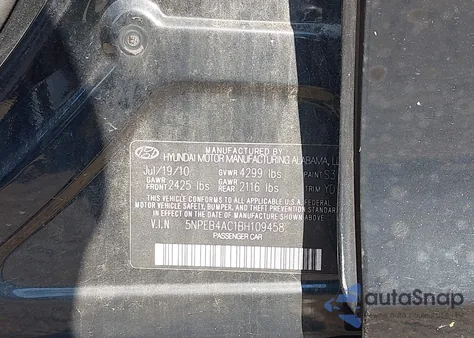 2011 Hyundai Sonata Gls from USA, damaged, VIN 5NPEB4AC1BH109458